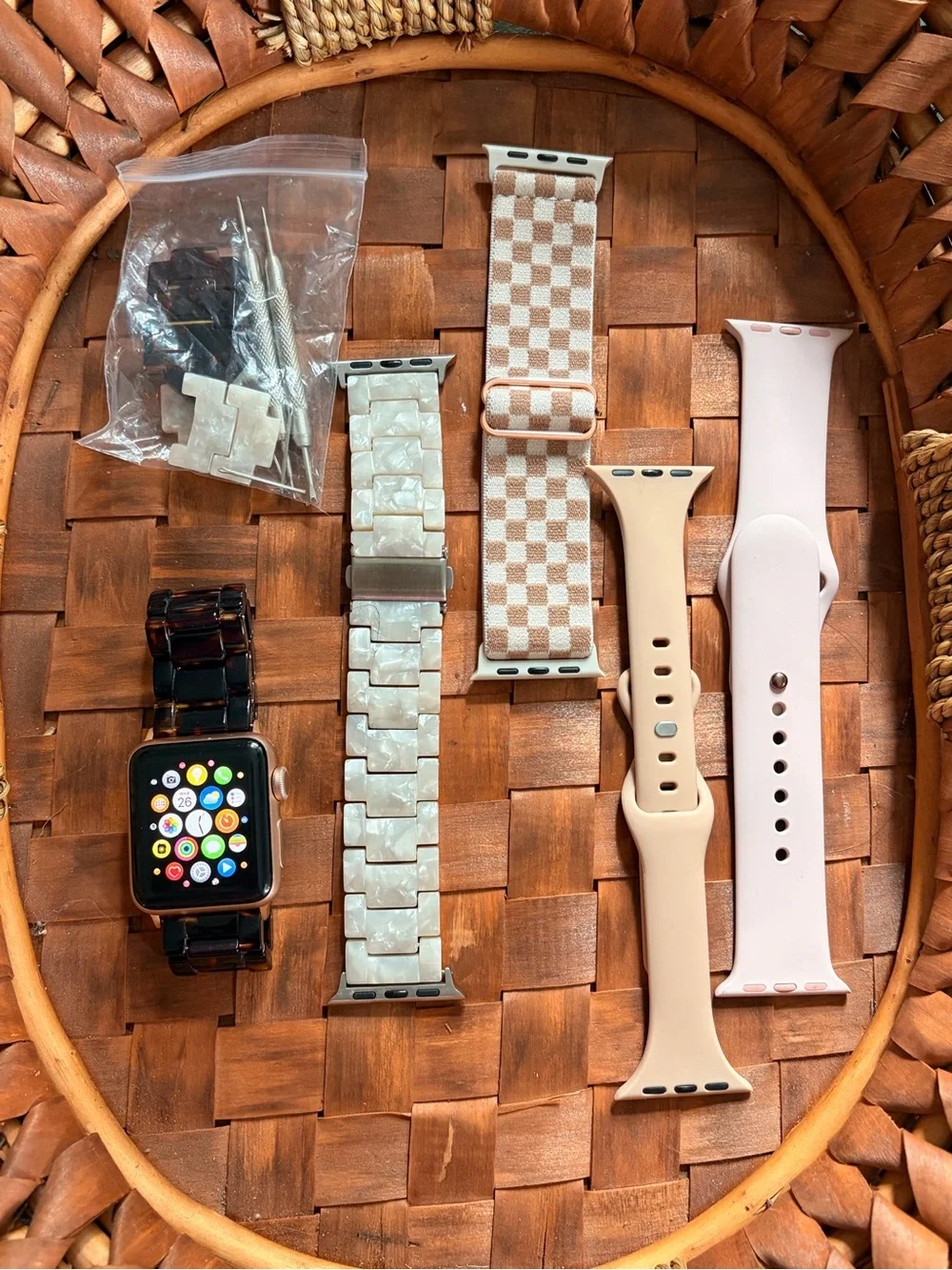 Apple Pink Silicone & Beige Watch Band Bundle for